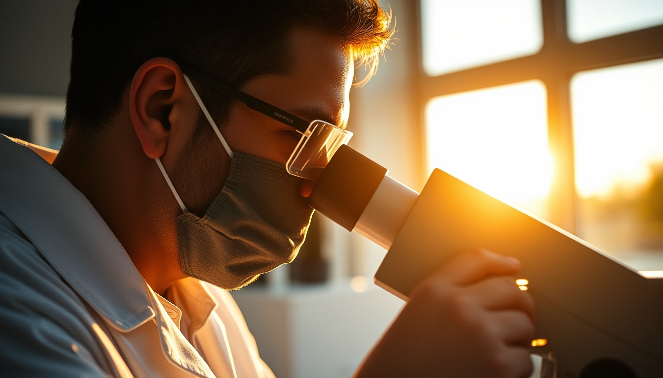 lab technician looking through microscope in editorial style
