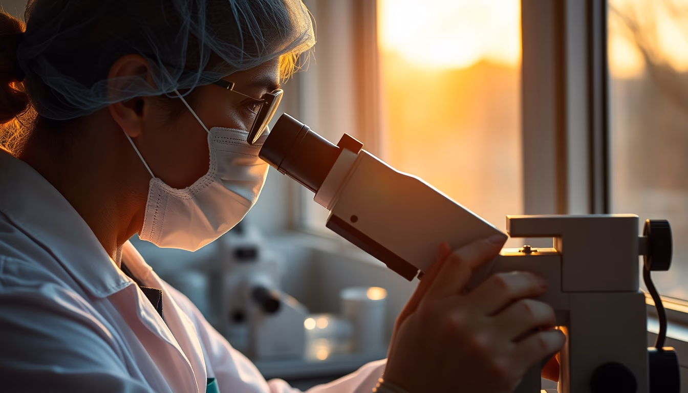 lab technician looking through microscope in editorial style