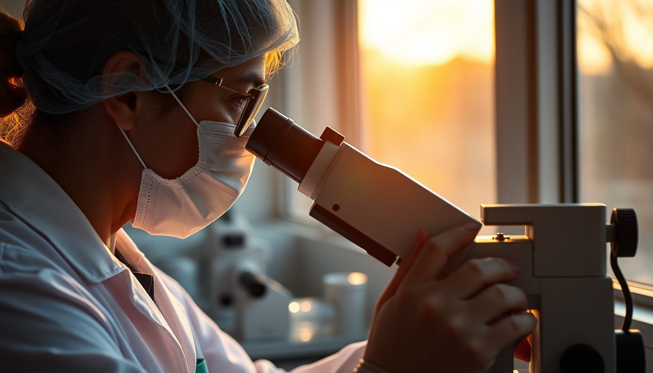 lab technician looking through microscope in editorial style