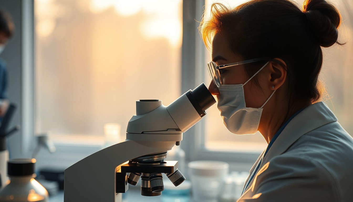 lab technician looking through microscope in editorial style