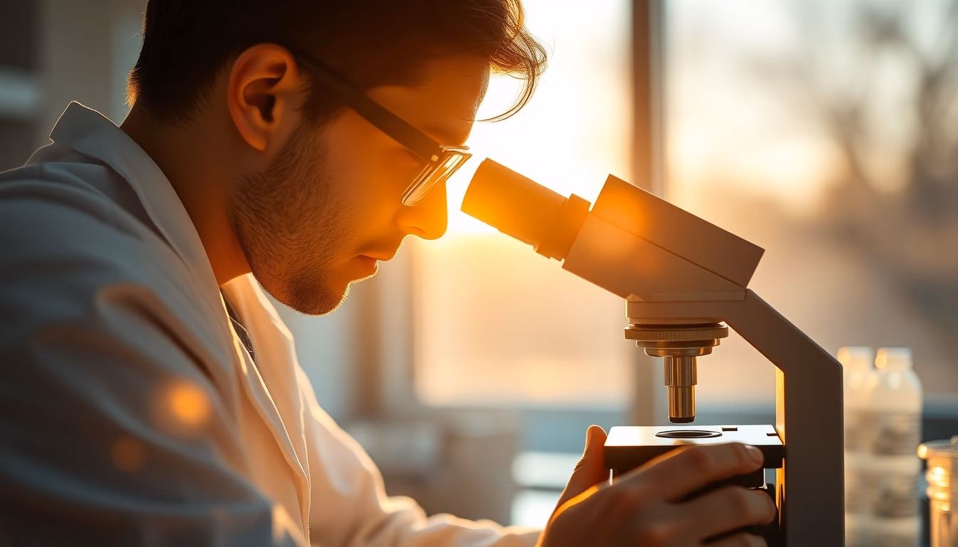 lab technician looking through microscope in editorial style