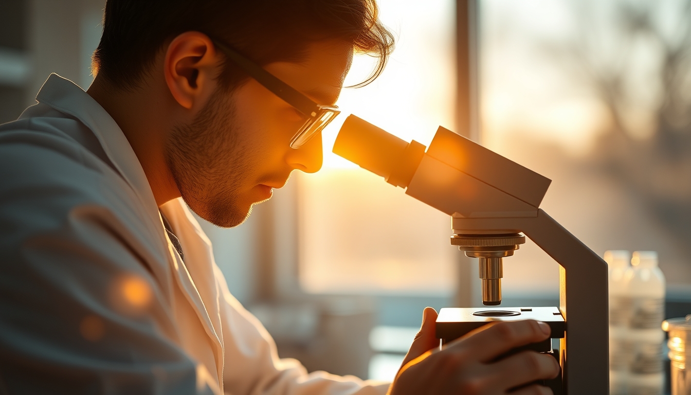 lab technician looking through microscope in editorial style