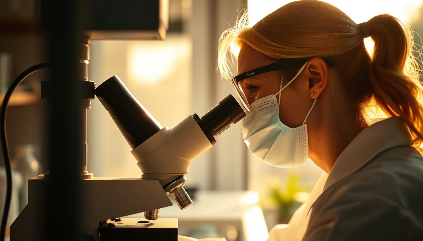 lab technician looking through microscope in editorial style