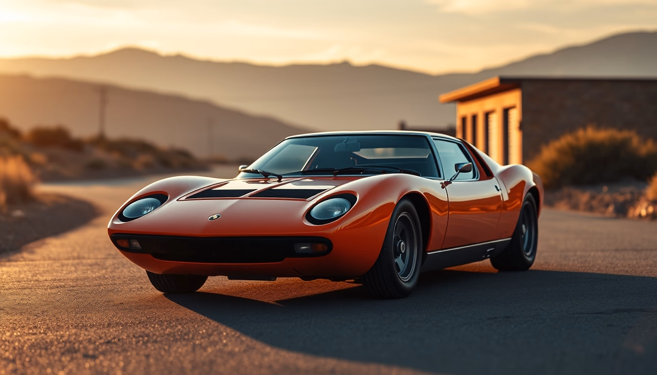 lamborghini miura orange in editorial style