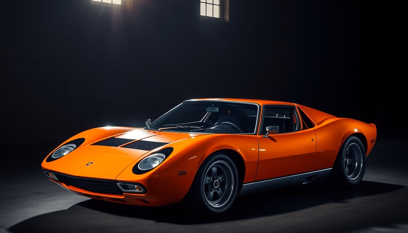 lamborghini miura orange in editorial style