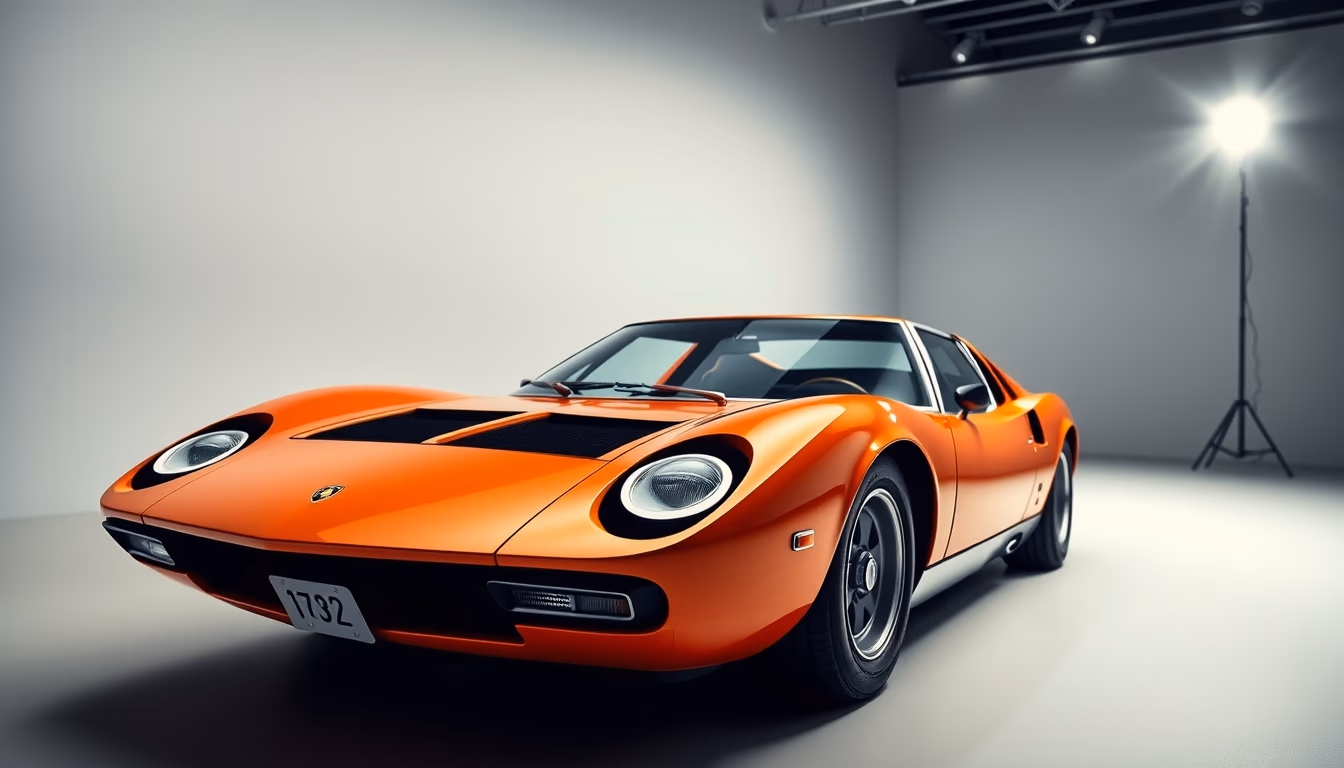 lamborghini miura orange in editorial style