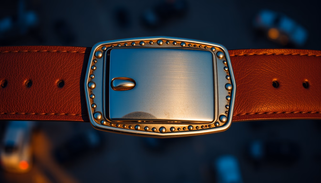 leather belt buckle silver in editorial style