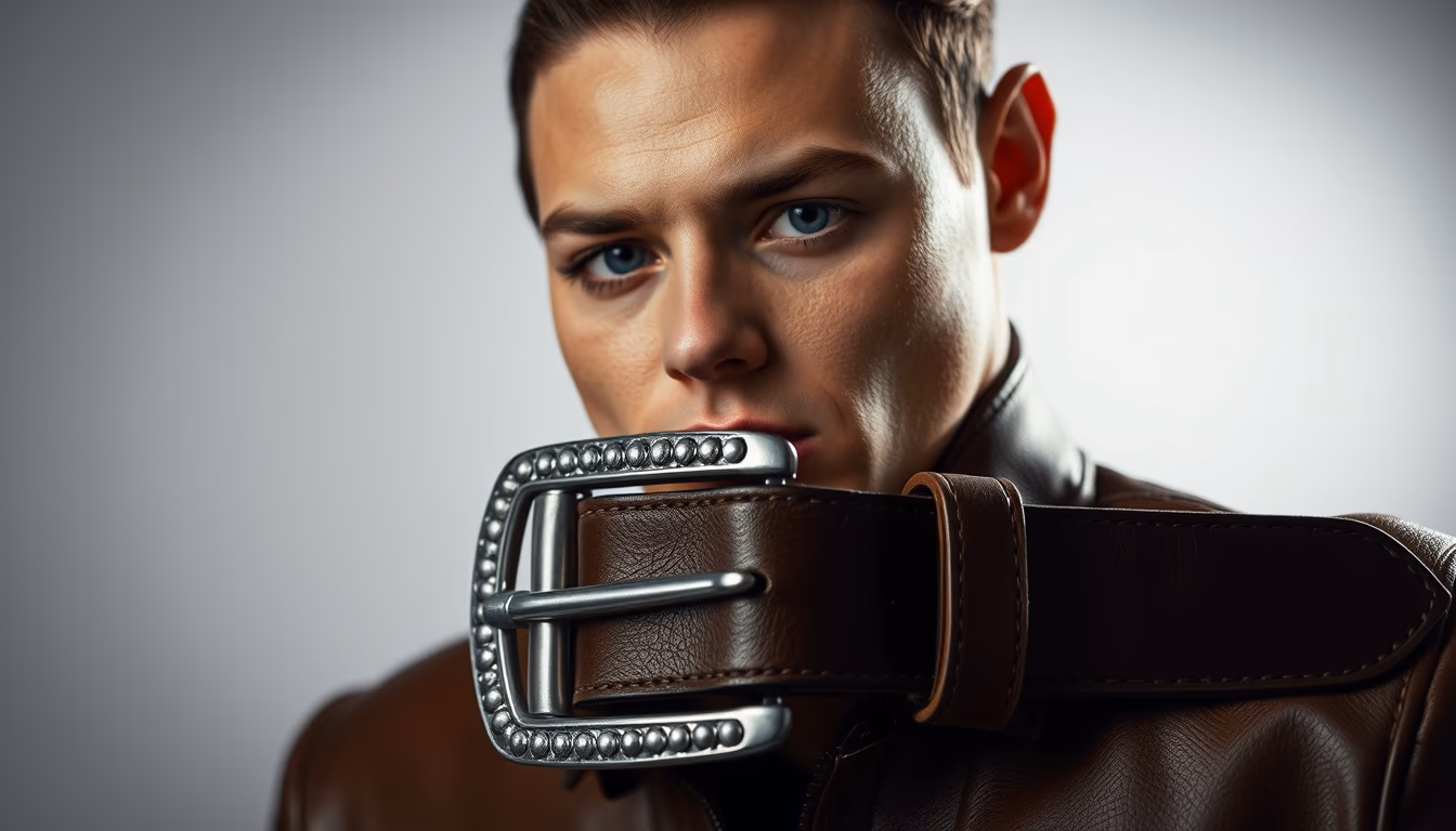 leather belt buckle silver in editorial style