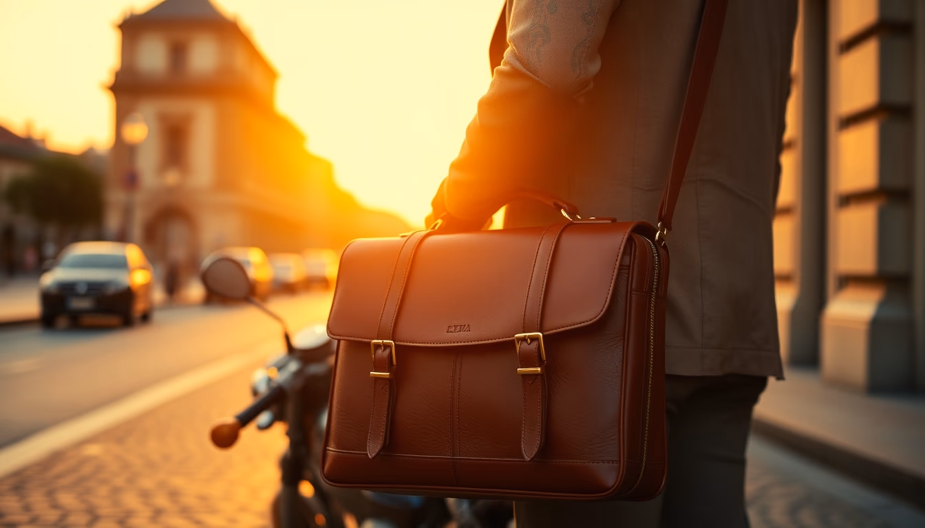 leather briefcase italian in editorial style