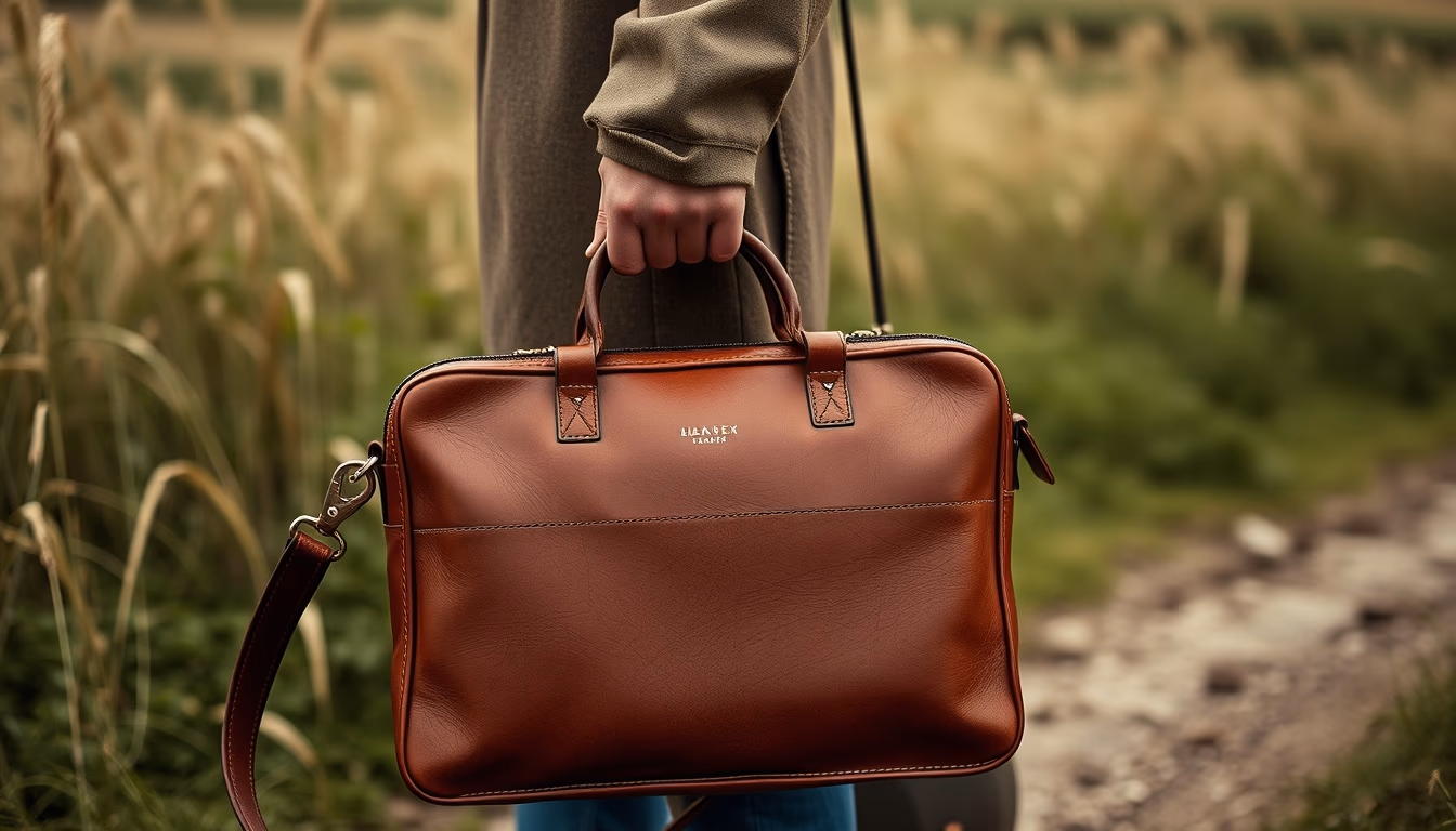 leather briefcase italian in editorial style
