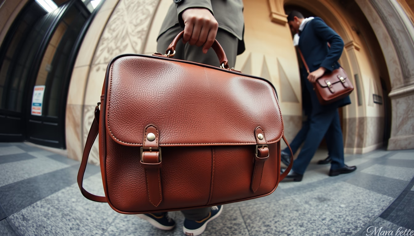 leather briefcase italian in editorial style