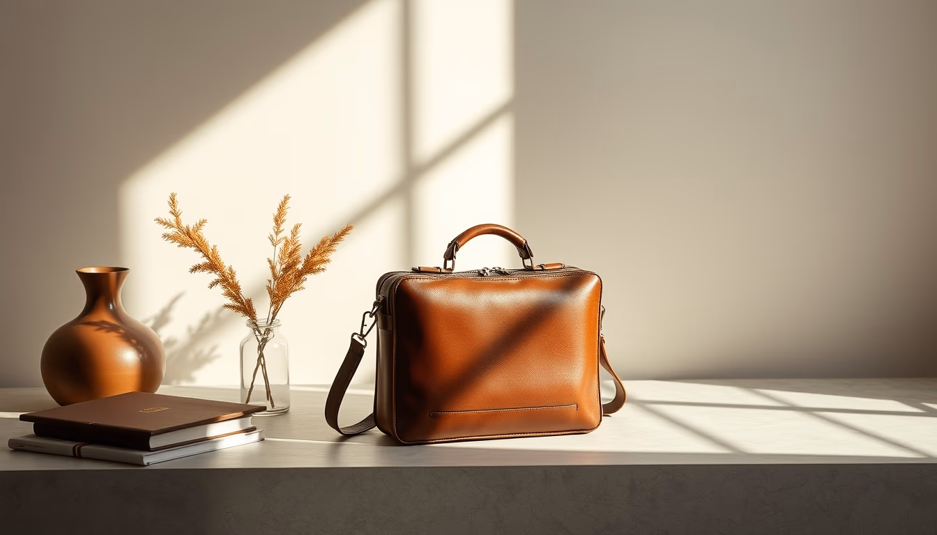 leather briefcase italian in editorial style