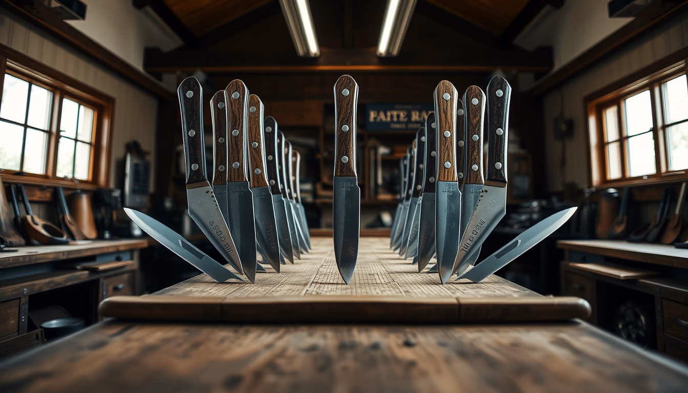 leather workshop knives in editorial style