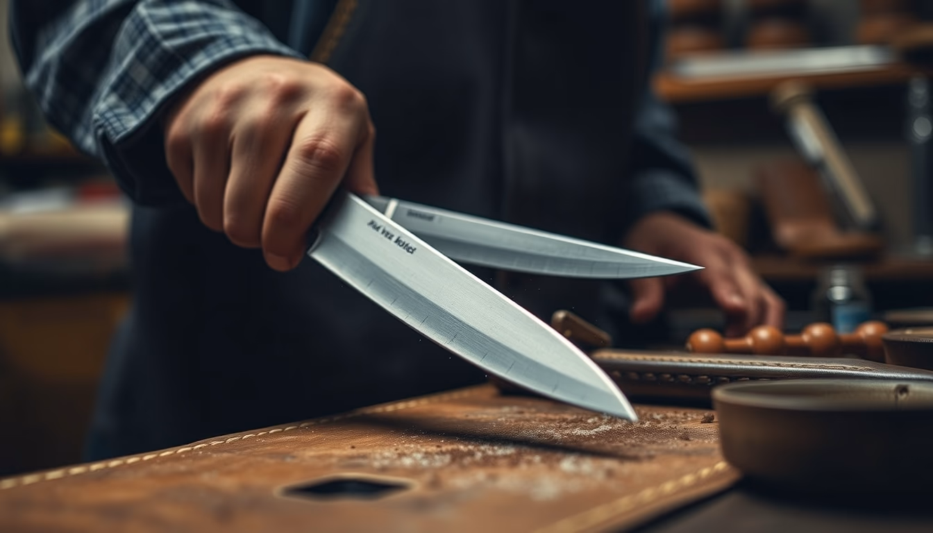 leather workshop knives in editorial style