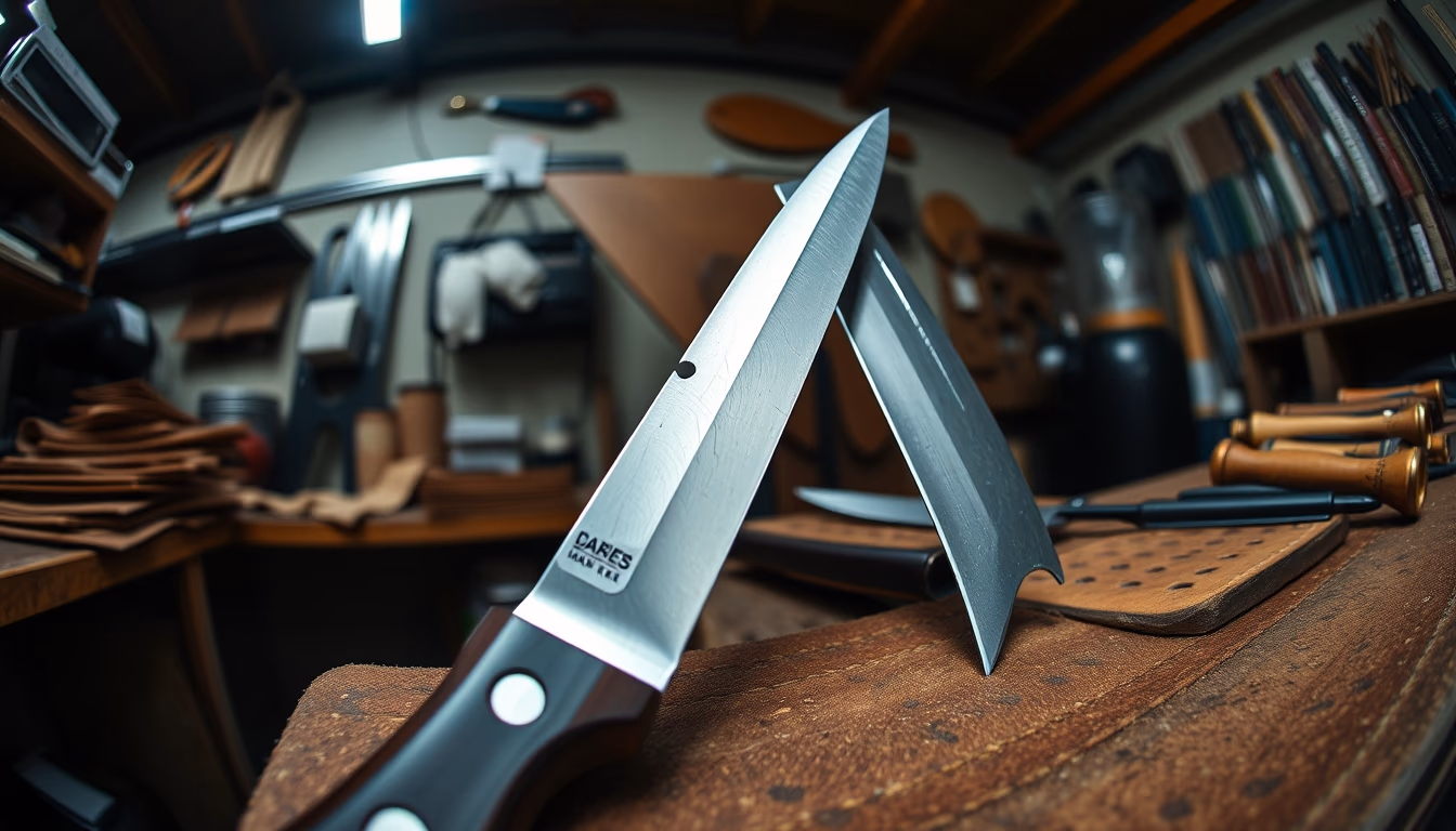 leather workshop knives in editorial style