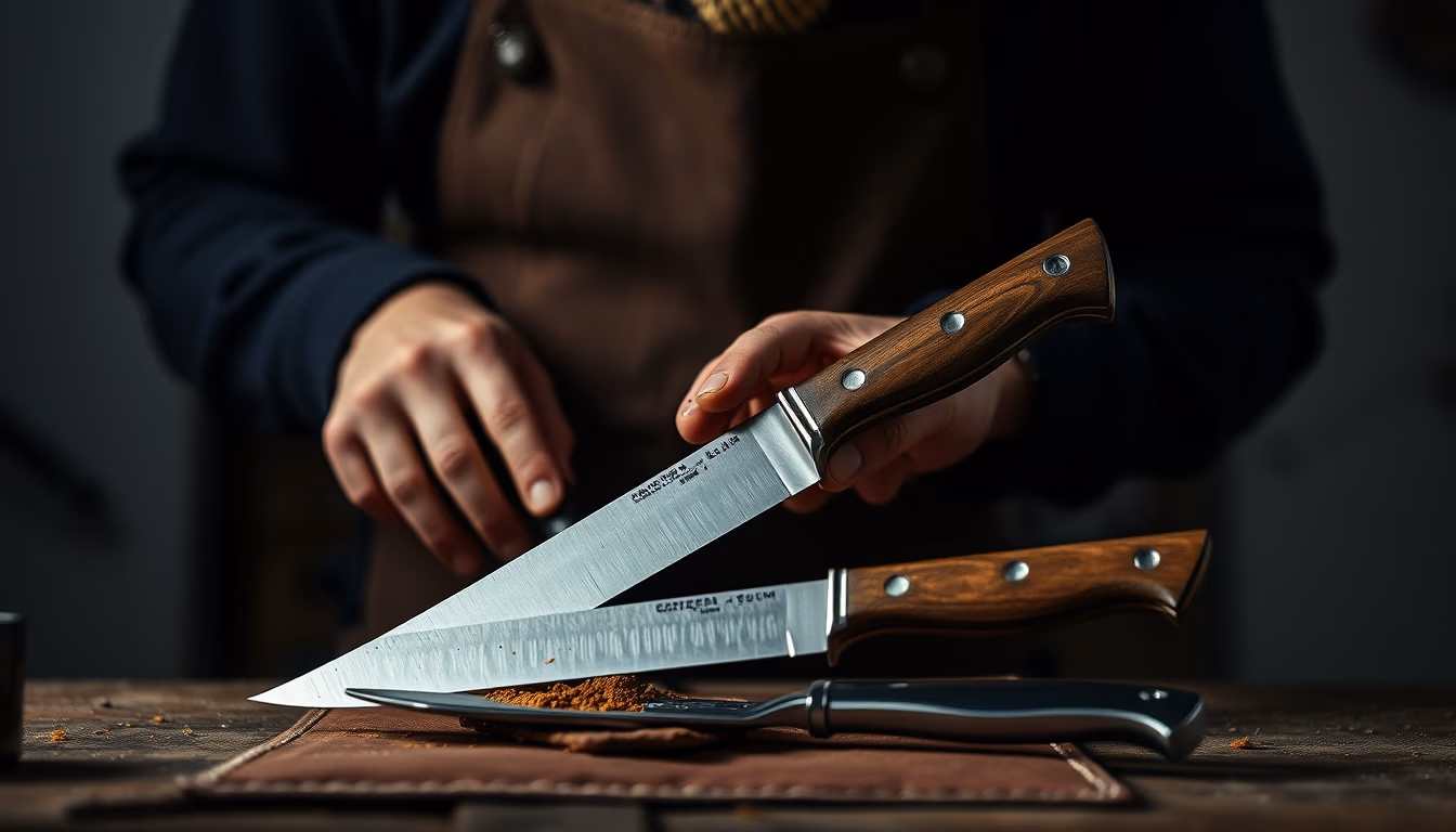 leather workshop knives in editorial style