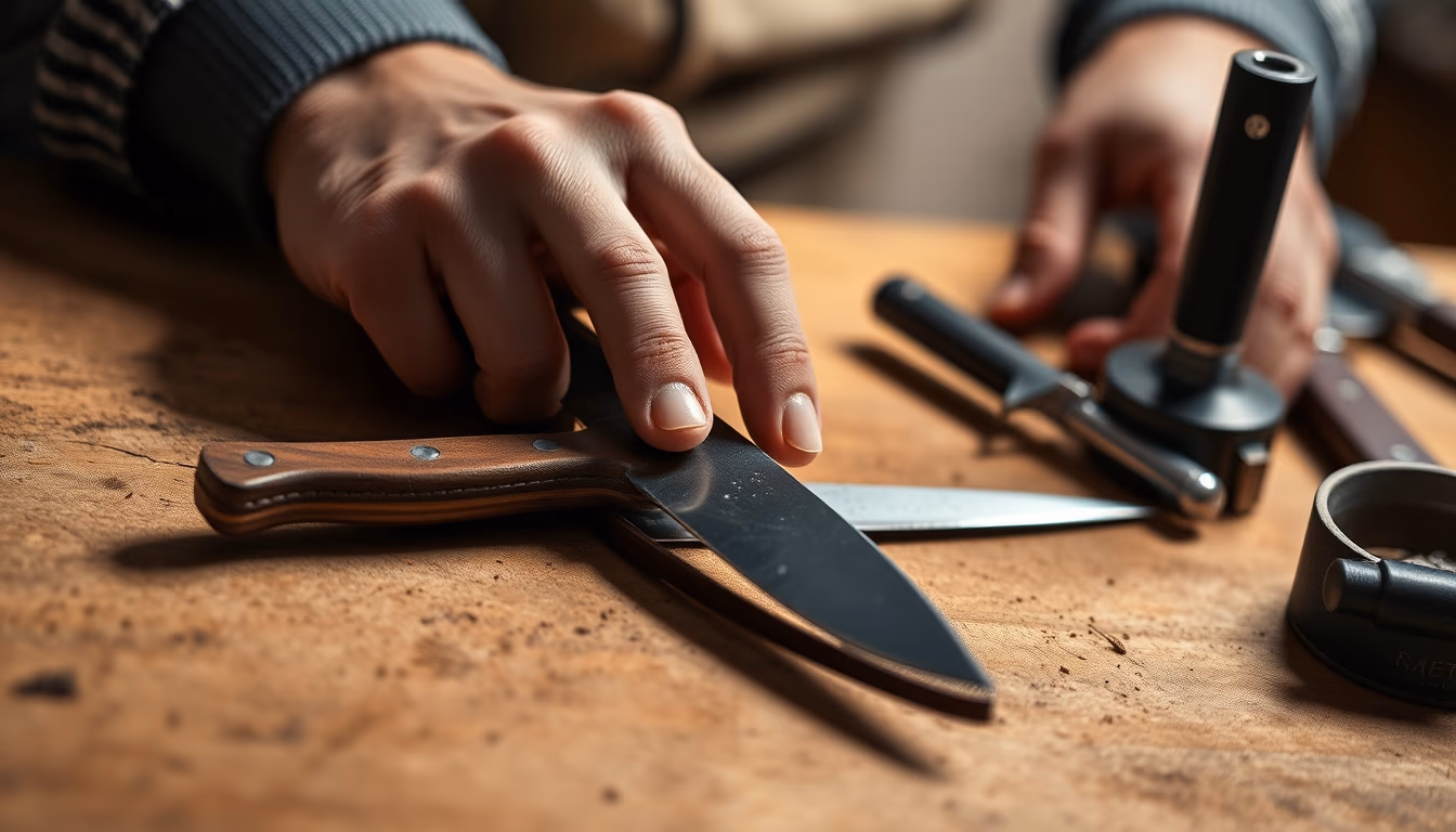 leather workshop knives in editorial style