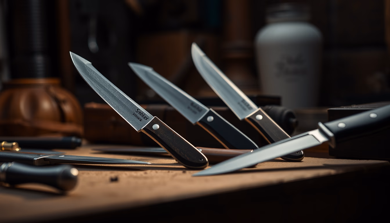 leather workshop knives in editorial style