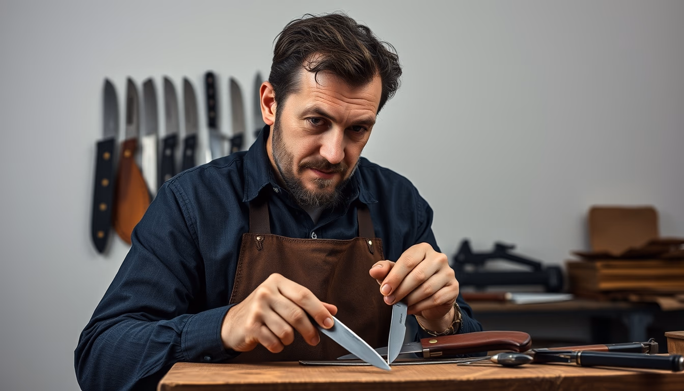 leather workshop knives in editorial style