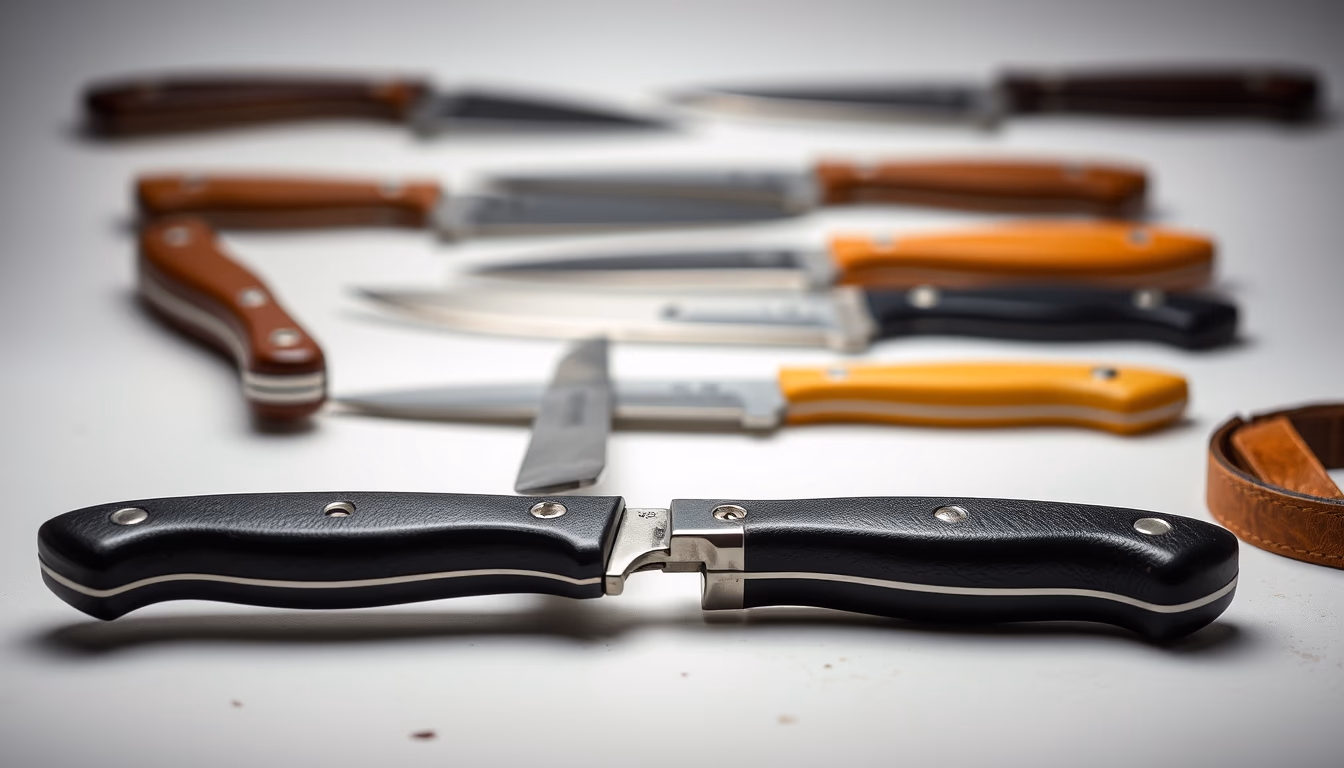 leather workshop knives in editorial style