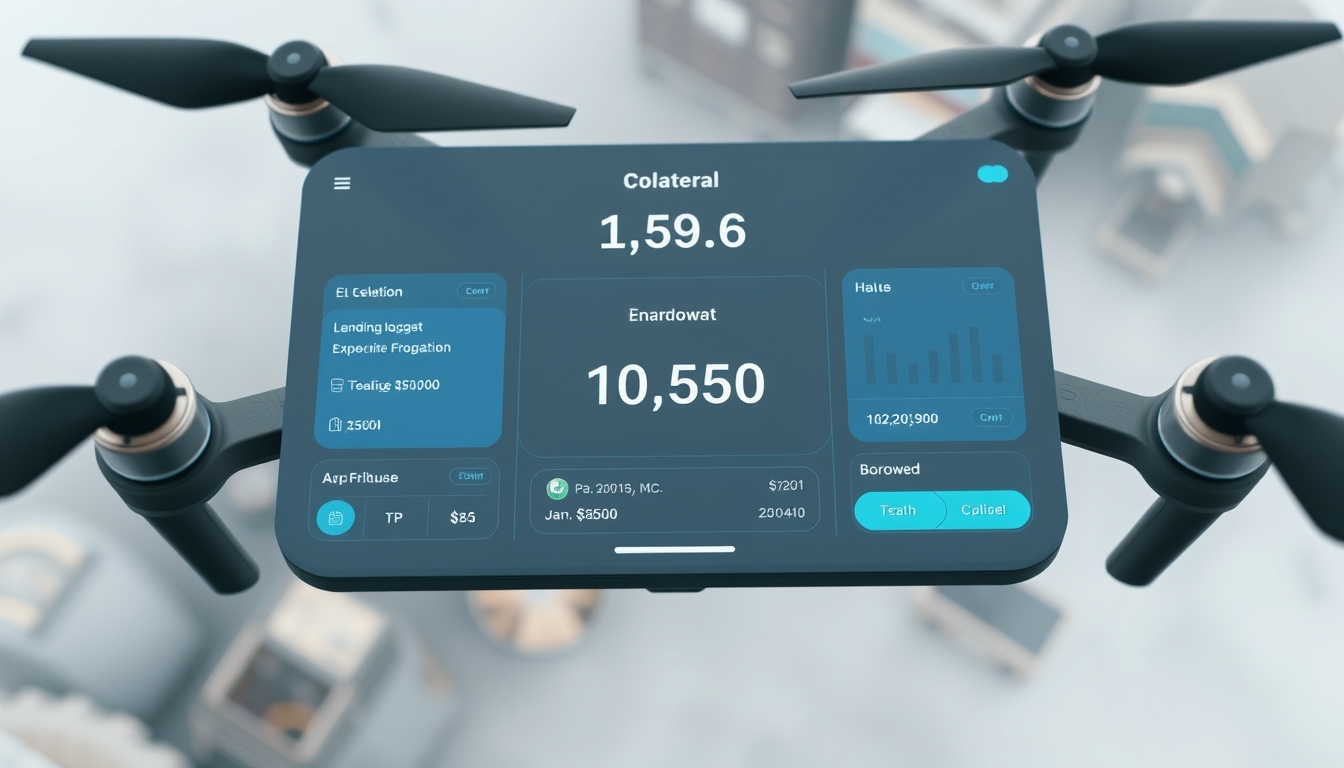UI de protocolo de empréstimo mostrando colateral e quantia emprestada em estilo editorial