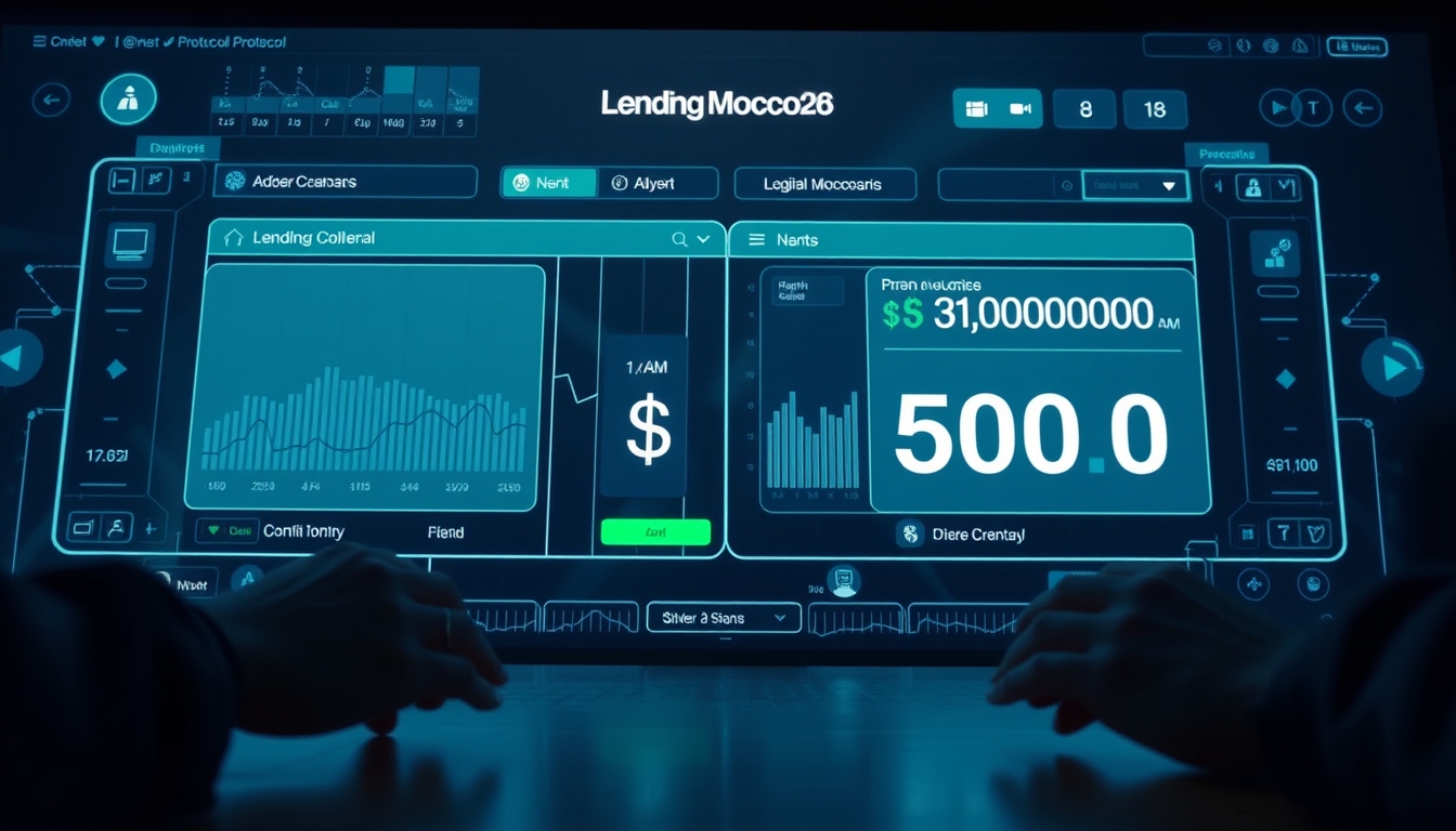 UI de protocolo de empréstimo mostrando colateral e quantia emprestada em estilo editorial