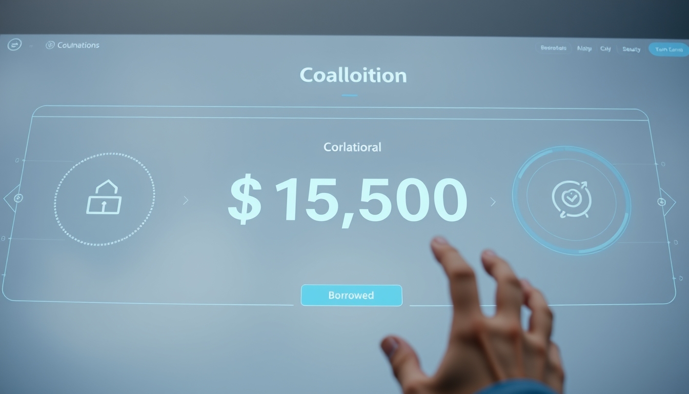 UI de protocolo de empréstimo mostrando colateral e quantia emprestada em estilo editorial