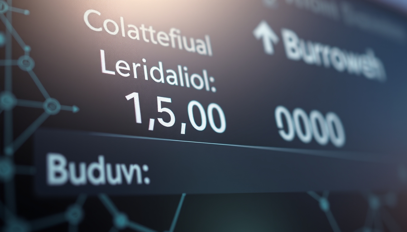 UI de protocolo de empréstimo mostrando colateral e quantia emprestada em estilo editorial