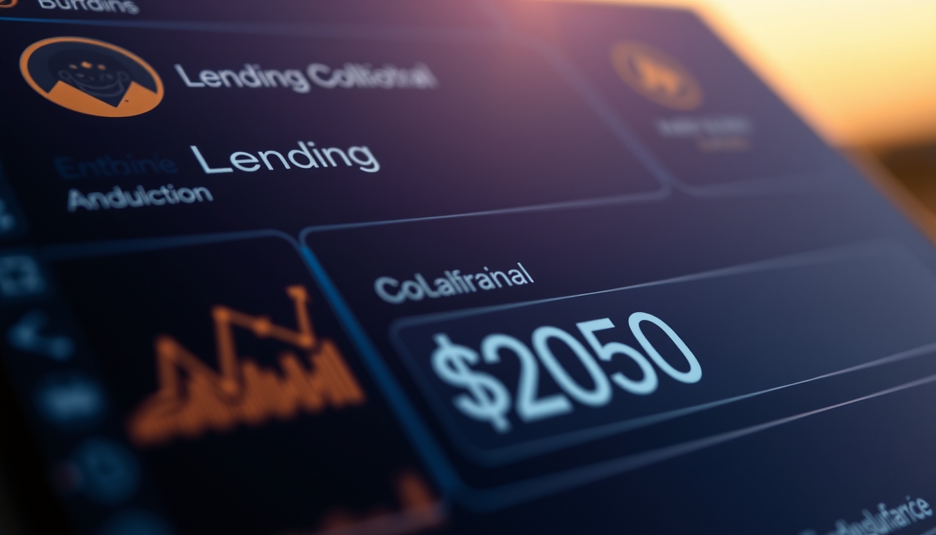 UI de protocolo de empréstimo mostrando colateral e quantia emprestada em estilo editorial