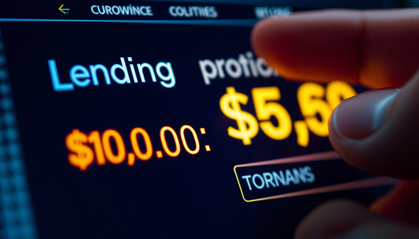 UI de protocolo de empréstimo mostrando colateral e quantia emprestada em estilo editorial