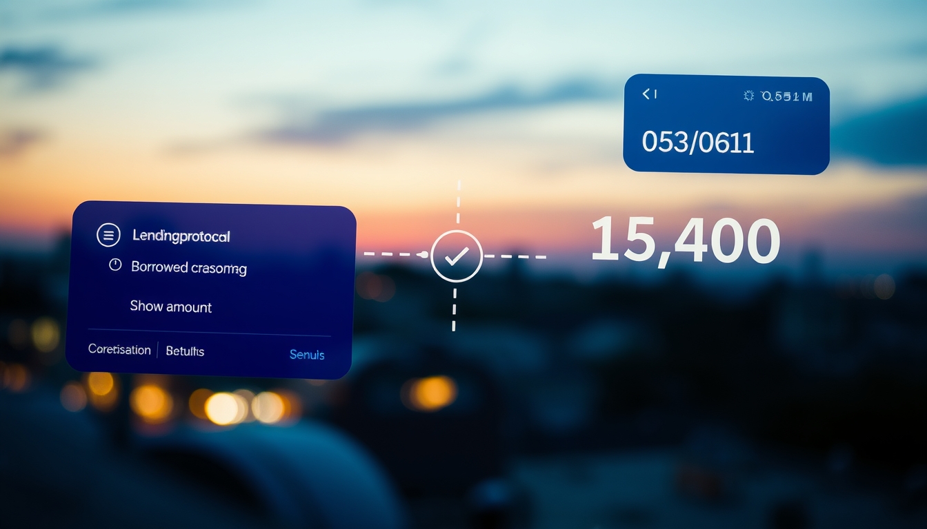 UI de protocolo de empréstimo mostrando colateral e quantia emprestada em estilo editorial