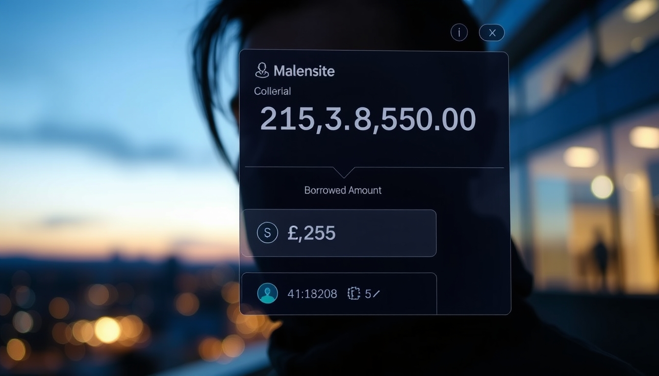UI de protocolo de empréstimo mostrando colateral e quantia emprestada em estilo editorial