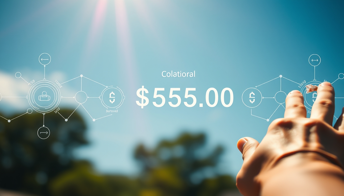 UI de protocolo de empréstimo mostrando colateral e quantia emprestada em estilo editorial