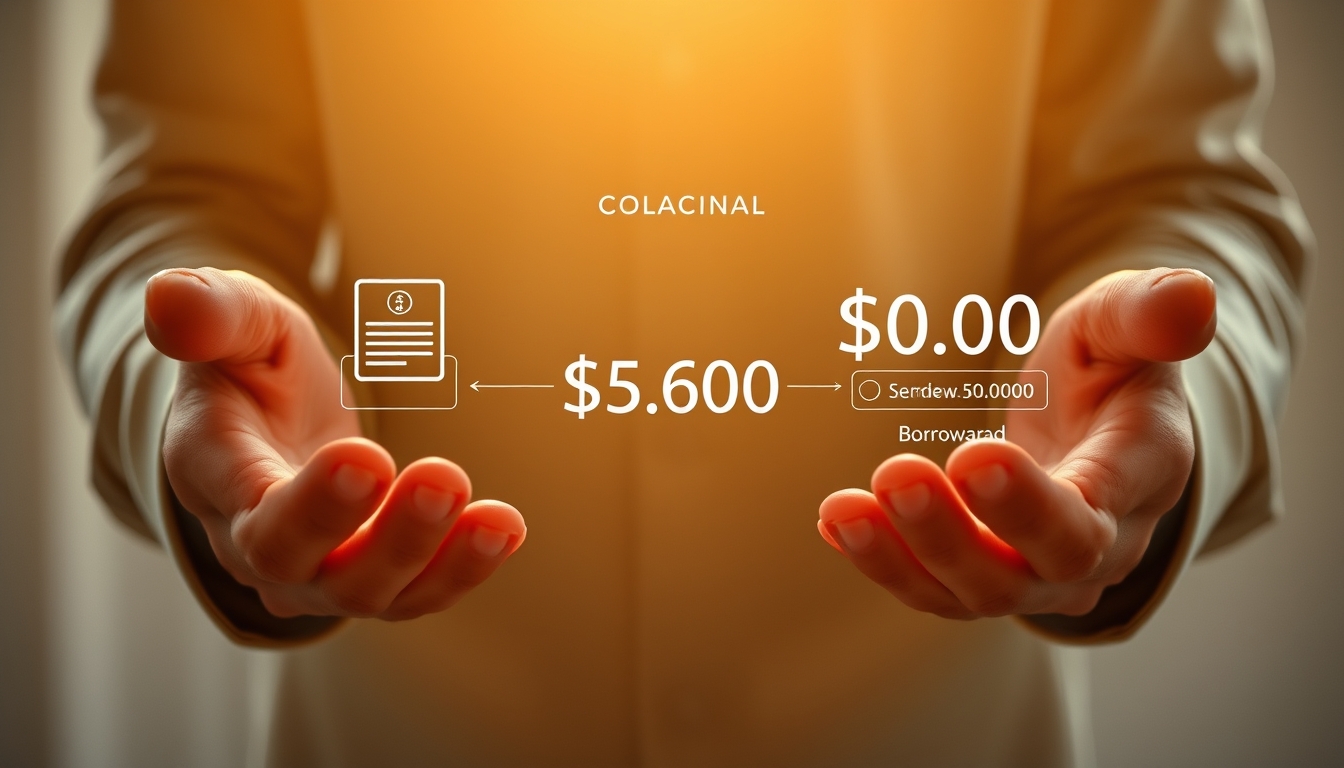 UI de protocolo de empréstimo mostrando colateral e quantia emprestada em estilo editorial