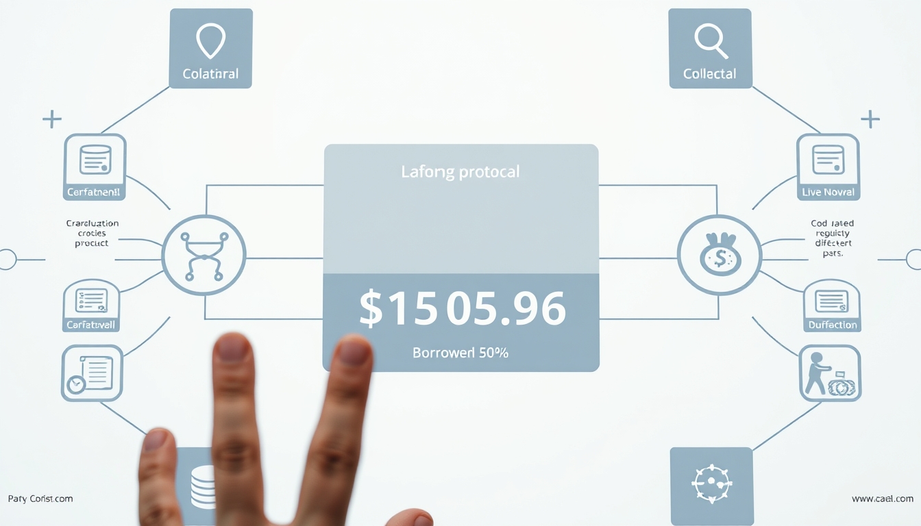 UI de protocolo de empréstimo mostrando colateral e quantia emprestada em estilo editorial
