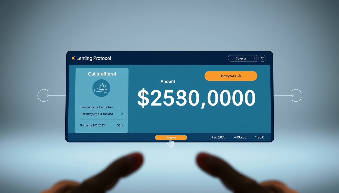 UI de protocolo de empréstimo mostrando colateral e quantia emprestada em estilo editorial