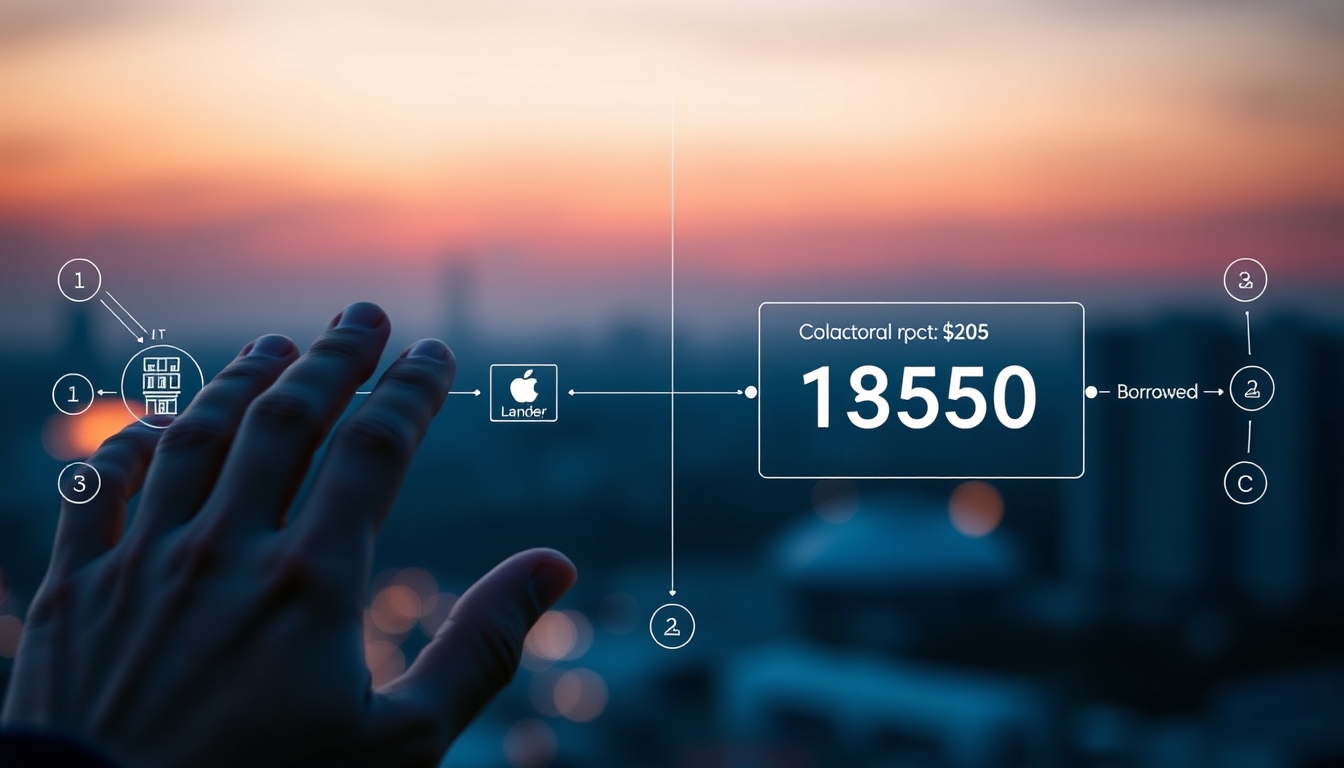 UI de protocolo de empréstimo mostrando colateral e quantia emprestada em estilo editorial