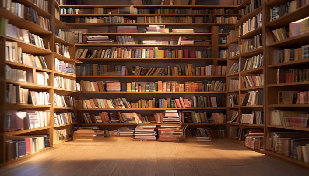 library bookshelves towering in editorial style