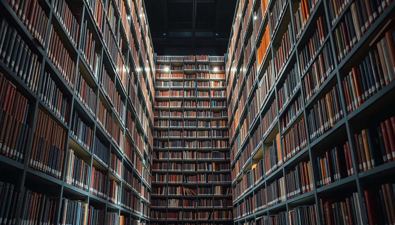library bookshelves towering in editorial style