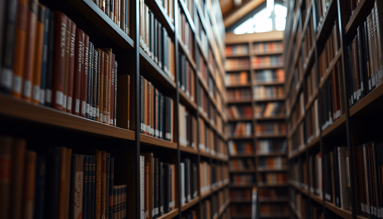 library bookshelves towering in editorial style