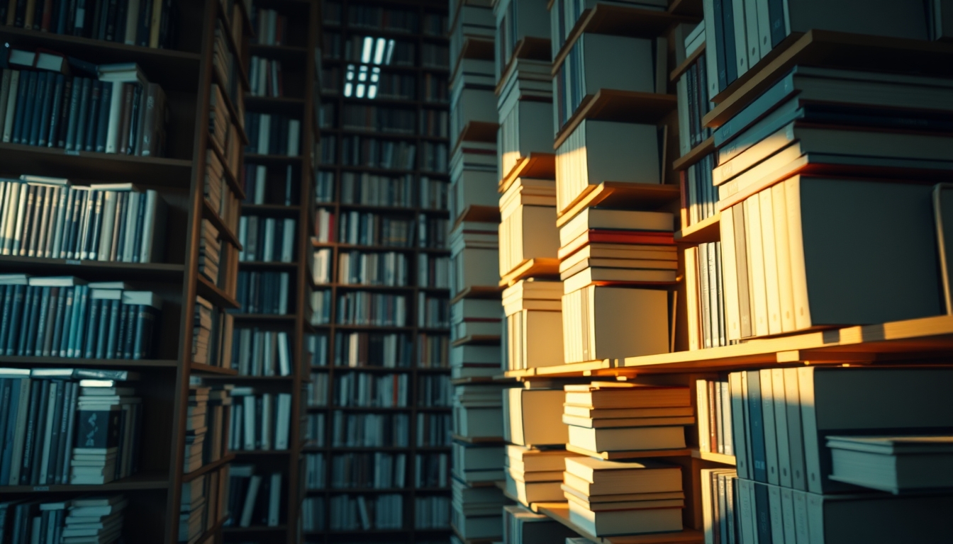 library bookshelves towering in editorial style