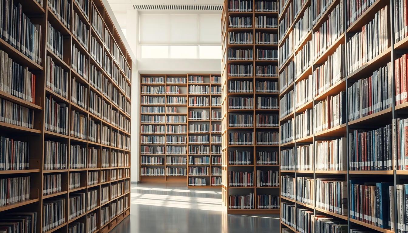 library bookshelves towering in editorial style