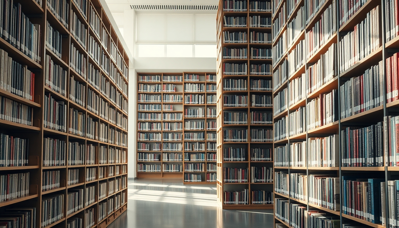 library bookshelves towering in editorial style