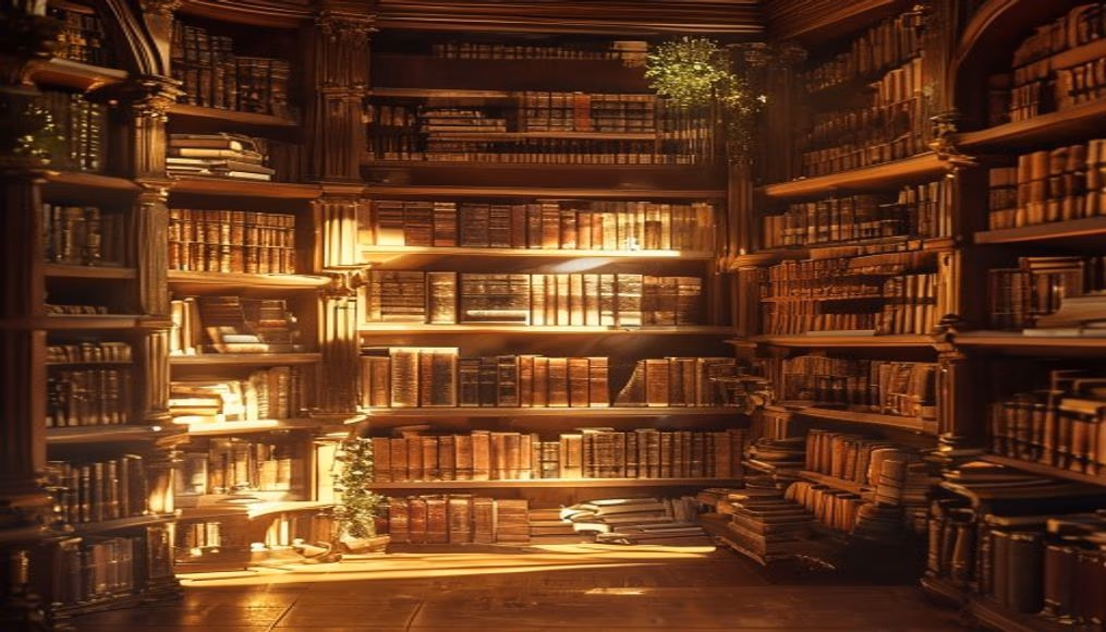 Library bookshelves towering em estilo editorial