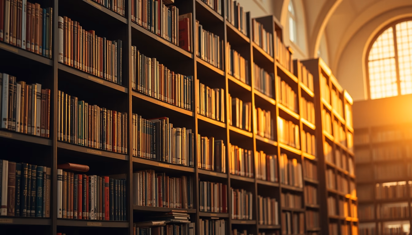 library bookshelves towering in editorial style