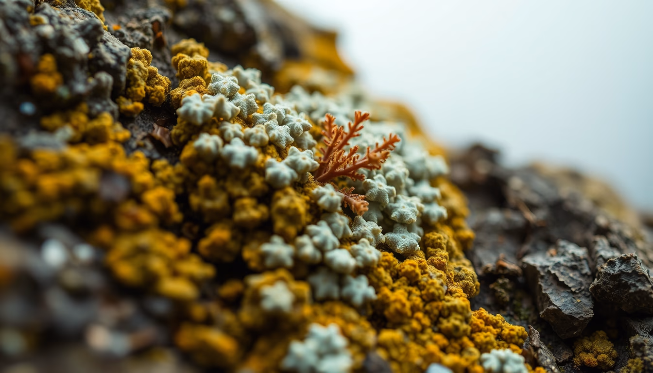lichens symbiotic close in editorial style