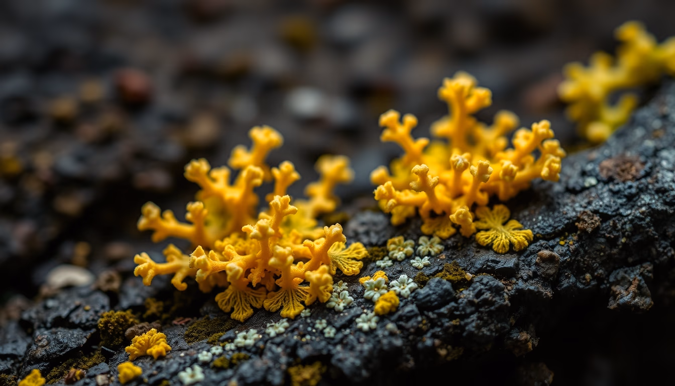 lichens symbiotic close in editorial style