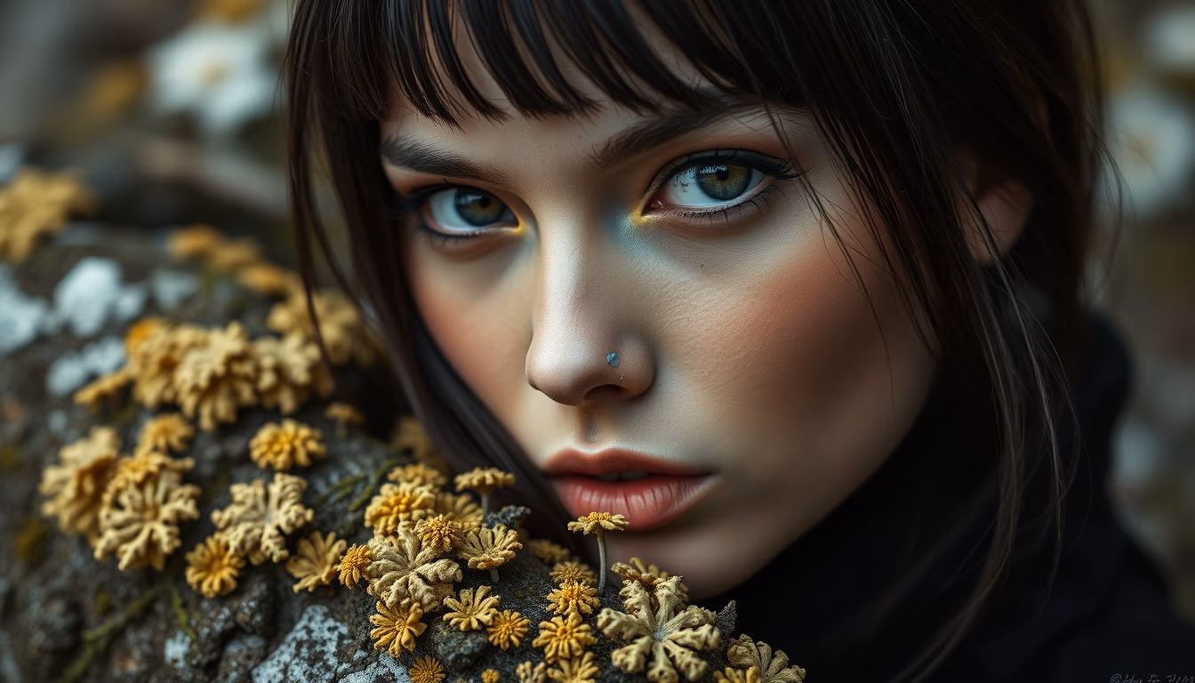 lichens symbiotic close in editorial style