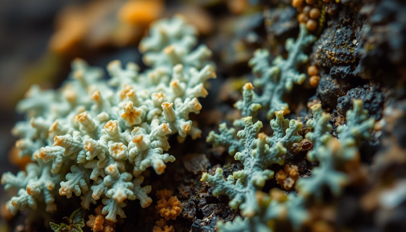 lichens symbiotic close in editorial style