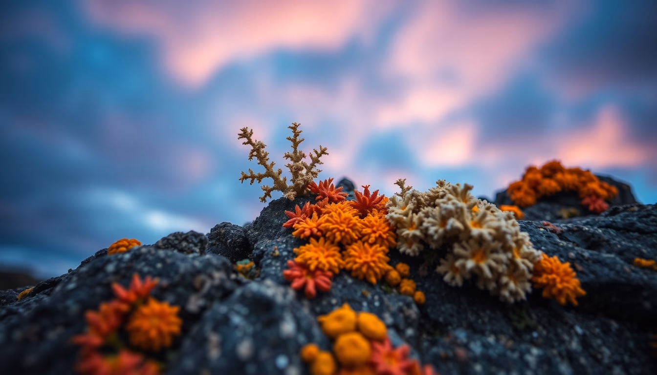 lichens symbiotic close in editorial style